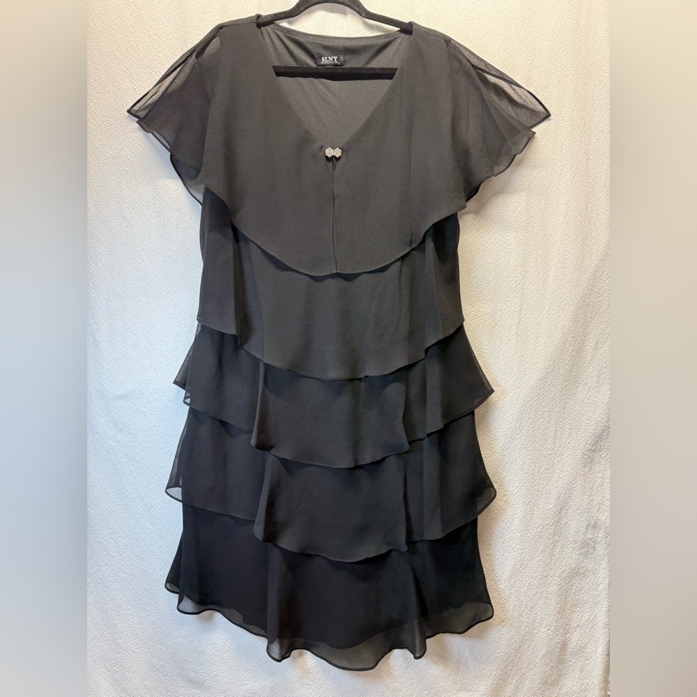 Woodland Fairy SLNY Black Ruffle Tiered Dress | Rhinestone Detail Cocktail Party